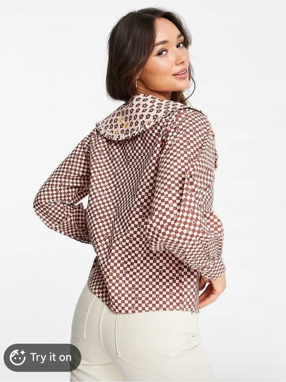 Neon Rose Checkerboard Print Button-Up Blouse in Brown & Cream